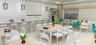 a restaurant with tables and chairs and a bar at Titan 22P Condo at WH Taft Residences Manila in Manila