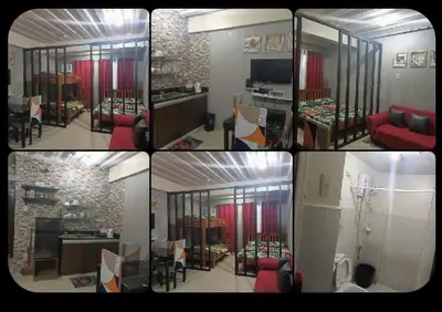 a collage of photos of a living room and dining room at Vimelzu Mhavic Family Room in Manila