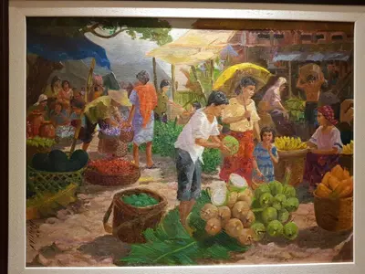 a painting of a group of people at a market at Stay Amare Residences Malate in Manila