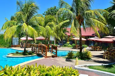 a resort with a pool with tables and palm trees at Thunderbird Resorts - Rizal in Binangonan