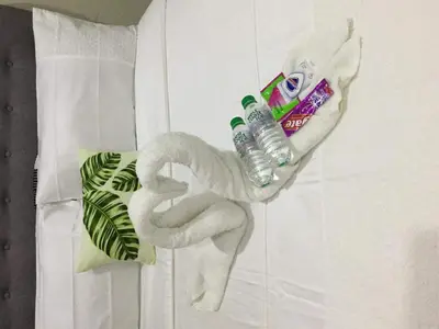a towel animal shaped like a swan with a bottle of water at Palm Tree Villas 2 in Manila