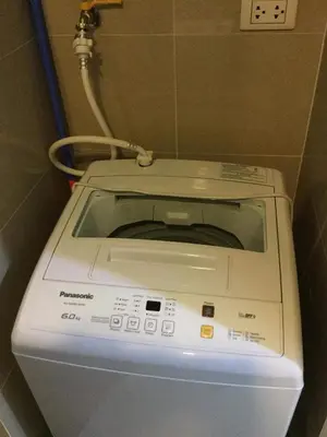 a washing machine in the corner of a bathroom at Palm Tree Villas 2 in Manila
