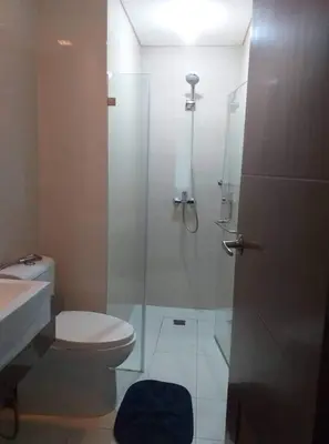 a bathroom with a shower with a toilet and a sink at Two Palm Tree Villas close to Manila Airport - Terminal 3 in Manila