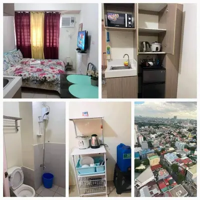 a collage of photos of a hotel room with a city at Shanilyn Residency Urban Deca Towers EDSA Mandaluyong,UNLIMITED INTERNET AND NETFLIX in Manila