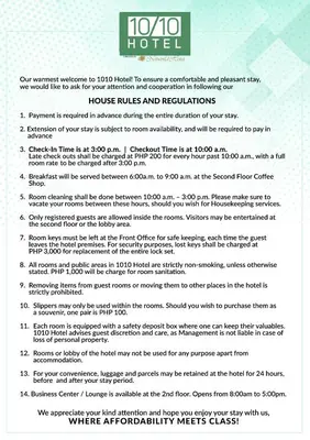 a page of a document with the words hotel at 1010 Hotel in Manila