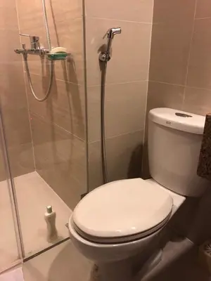 a bathroom with a toilet and a shower at Modern and Cozy Studio near Airport Terminal 3 in Manila