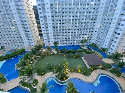 an aerial view of a resort with tall buildings at Santiorini at Shore Residences in Manila