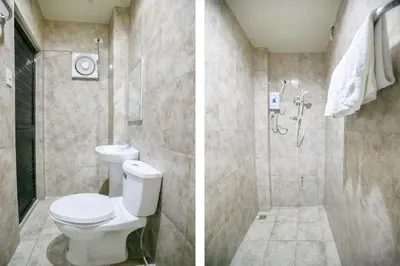 two pictures of a bathroom with a toilet and a shower at Rjat Guesthouse in Biñan