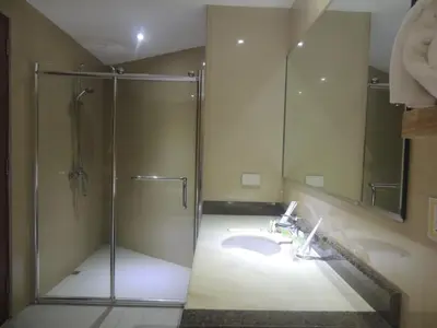 a bathroom with a shower and a sink at Dela Chambre Hotel in Manila