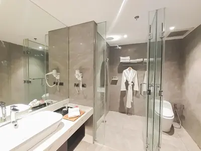a bathroom with a shower and a sink and a toilet at The Excelsior Hotel Las Piñas in Manila