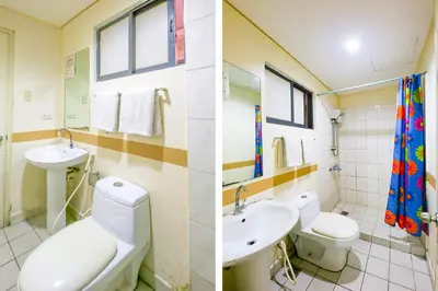 two pictures of a bathroom with a toilet and a sink at OYO 769 Poblacion Suites Polaris in Manila