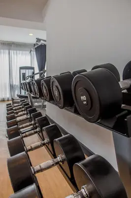 a row of dumbbells lined up in a gym at Y2 Residence Hotel Managed by HII in Manila