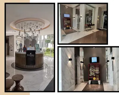 three different pictures of a hotel lobby with a bar at Your Crib - kasara -19 D tower 1 in Manila