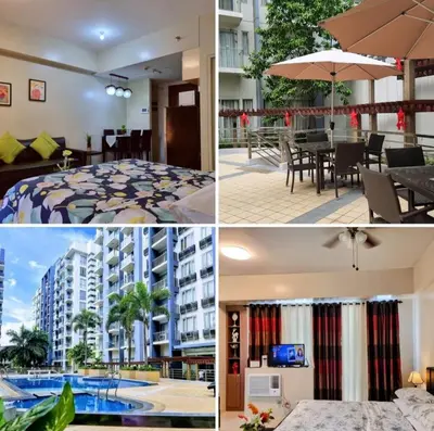 a collage of four pictures of a hotel room at One Palm Tree Villas Condo Across NAIA Terminal 3 in Manila