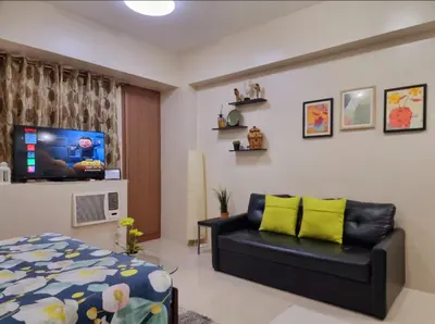 a living room with a couch and a tv at One Palm Tree Villas Condo Across NAIA Terminal 3 in Manila