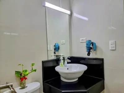 a bathroom with a sink and a mirror and a toilet at One Palm Tree Villas Condo Across NAIA Terminal 3 in Manila