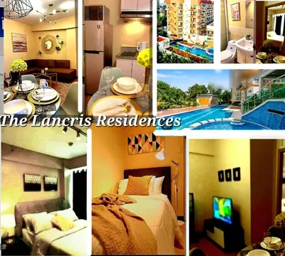 a collage of pictures of a hotel room at The Lancris Residences, 2 Bedrooms, 1 Bathroom, Living-room, Kitchen & Pool is Free in Manila