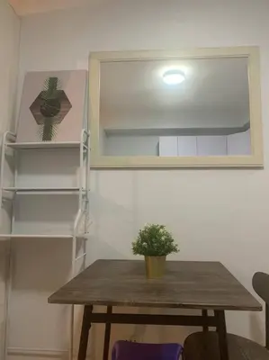 a wooden table with a potted plant on top of a shelf at Minimalist 1 Bedroom in Alabang near Molito and ATC with WiFi & Netflix m in Manila