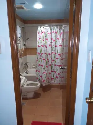 a bathroom with a toilet and a shower curtain at USA embassy front suite Pearl of the Orient in Manila