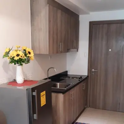 a kitchen with a sink and a vase of flowers on a refrigerator at SMDC FAME Residences David 's place in Manila