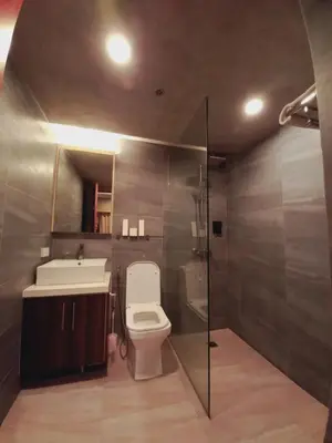 a bathroom with a toilet and a sink and a shower at Spacious One Bedroom 20888 in Manila