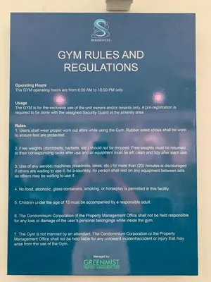 a sign that says cymru rules and regulations at SMDC S Residences MiCasa, MOA area in Manila