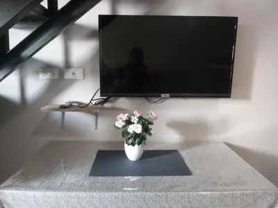 a vase of flowers sitting on a table with a television at Monteluce 2 BR LOFT with pool 825 in Silang