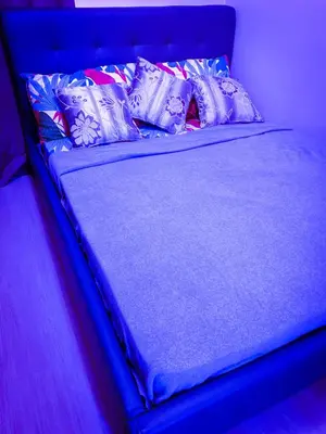 a blue bed with pillows on it in a room at Ramiro Haven Staycation in Manila