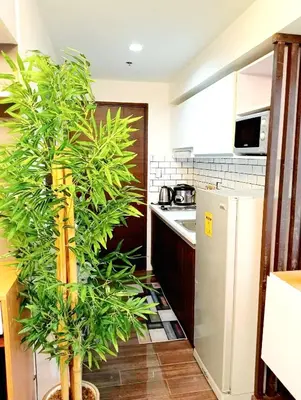 a kitchen with two large plants in a kitchen at Air Residences Makati Condo Elegant Grand Hotel Type in Manila