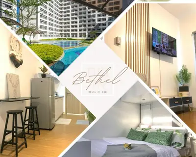 a collage of photos of a room with a bed and a kitchen at Bethel House in Manila