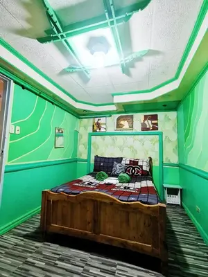 a bedroom with a bed in a green room at City Tower Condominium Transient Inn in Manila