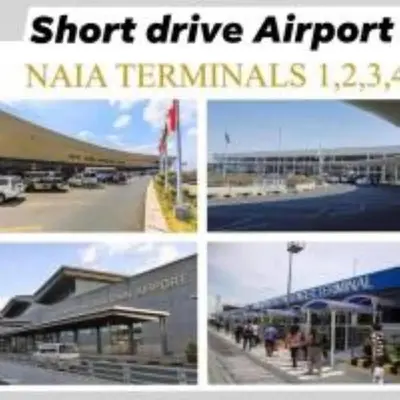 four pictures of a airport with the words short drive airport nala terminals at Shore Residence D3 Shortwalk mall of Asia near airport in Manila