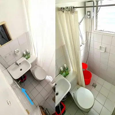 two pictures of a bathroom with a toilet and a sink at Rooftop Condo Makati in Manila