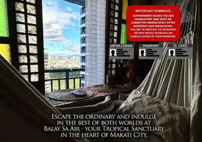a flyer for a hotel room with a bed and a window at Balay Sa Air, Beyond Ordinary at Air Residences Makati in Manila