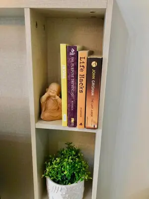 a book shelf with books and a doll and a plant at Air residence 1BR with balcony FREE NETFLIX in Manila