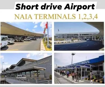 three pictures of a airport with the words short drive airport naja terminals at vin's place 1br amenities view at Shell Residence in Manila