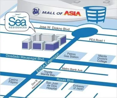 an illustration of a diagram of a mall of asia at 335 Sea Residences Tower F Staycation Infront of Moa, Arena, Ikea, Smx, Moa Complex, Near COD, Solaire, Okada, Parqal, & NAIA 123 in Manila