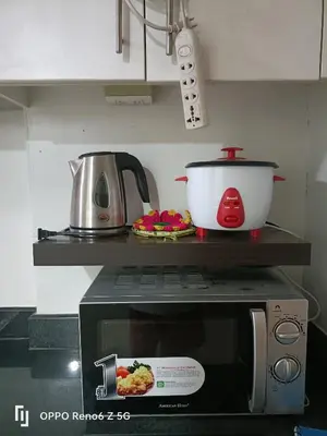 a microwave oven with a pot on top of it at Jamescrabsea residences in Manila