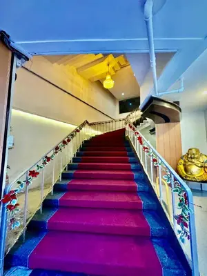 a staircase with red and purple carpeted stairs in a building at Comfy Inn Mabini Manila in Manila