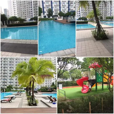 a collage of photos of a pool with a palm tree at Ronnzel staycation in Jazz Residence Makati in Manila