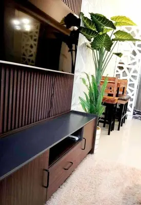 a cat is sitting on top of a tv at MOA S Residences 1BR Condo Stunning Boutique T3 in Manila