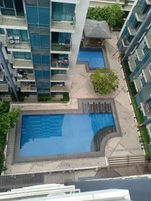an overhead view of two swimming pools in a building at MRMCONDOTEL in Manila