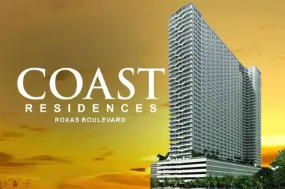 a rendering of a tall building with the words coast residence at StayInMyCondo - 8th Condo in Pasay near NAIA Airport, MOA Pasay in Manila