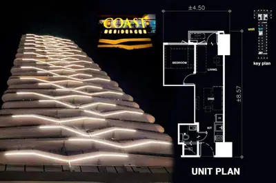 a rendering of a white building with a unit plan at StayInMyCondo - 8th Condo in Pasay near NAIA Airport, MOA Pasay in Manila