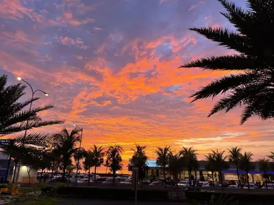 a sunset with palm trees and cars in a parking lot at 1BRFacing ManilaBay SunsetNear Okada Solaire 1Park in Manila
