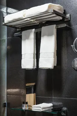 a bathroom with white towels hanging on a rack at ASN Boutique Residence in Manila