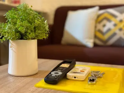 a remote control on a table next to a vase with a plant at Hannah’s Morning Sun - Studio Room in Manila