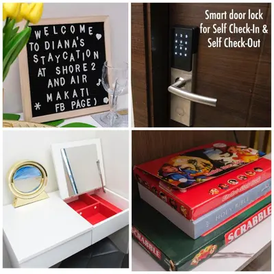 a collage of photos with a door and a cake at Newly Turned 0ver Cond0- Air Makati 1BR with Balcony in Manila