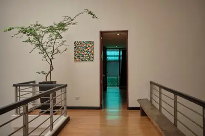 a hallway with a staircase with a plant on the wall at Tropical Poolhouse QC in Manila