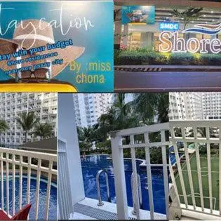 a collage of photos of a resort balcony with a pool at Shore 1 Residences Staycation By Ms Chona in Manila